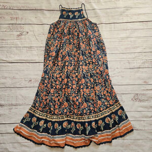 M.A.B.E Joy Maxi Sundress Boho Blue Orange Floral Cotton Womens XS